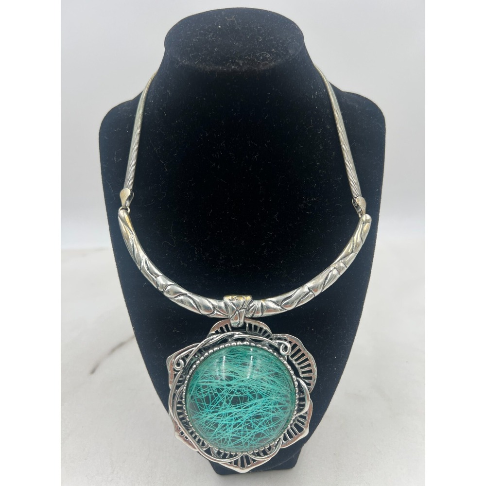 Silver Tone Statement Necklace Teal Fiber Glass Cabochon Pendant Collar Chain